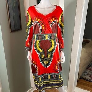 Vibrant Red Dashiki Style Midi Dress XXL Polyester
